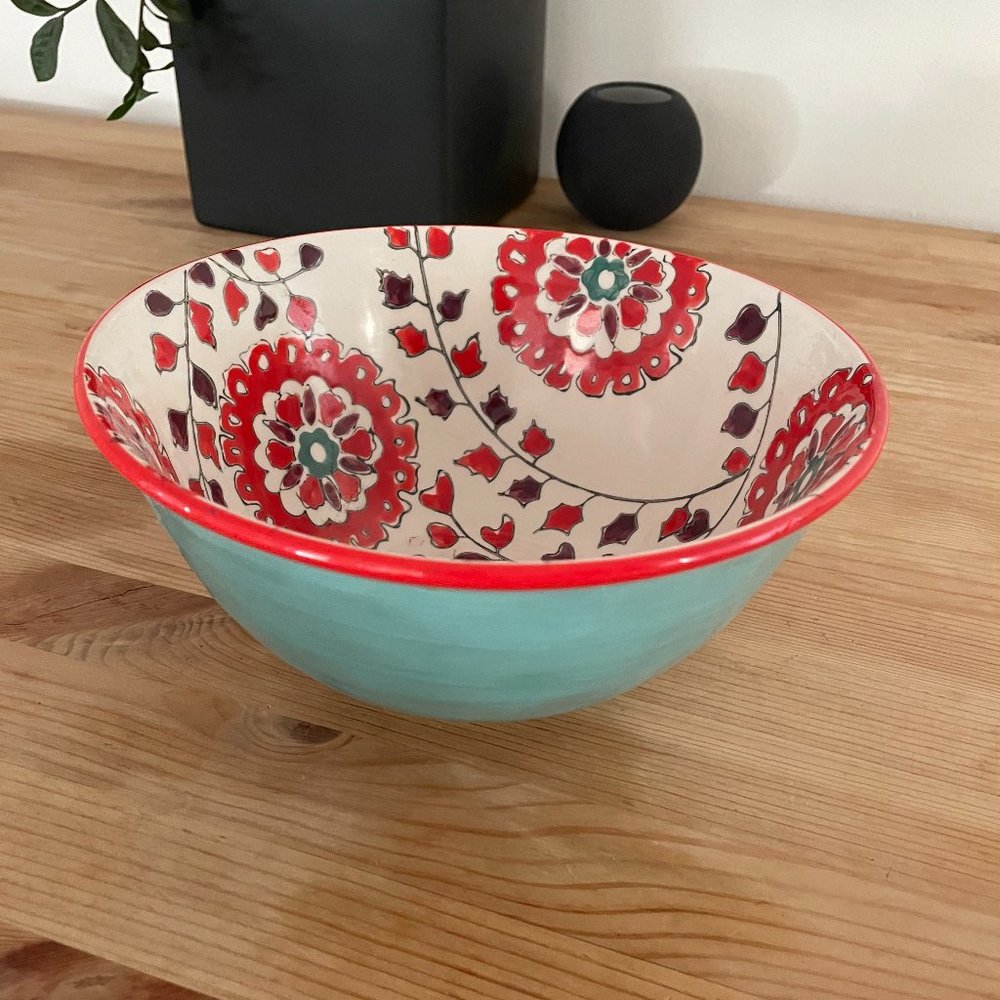 Anthropologie Teal & Red Floral Serving Bowl